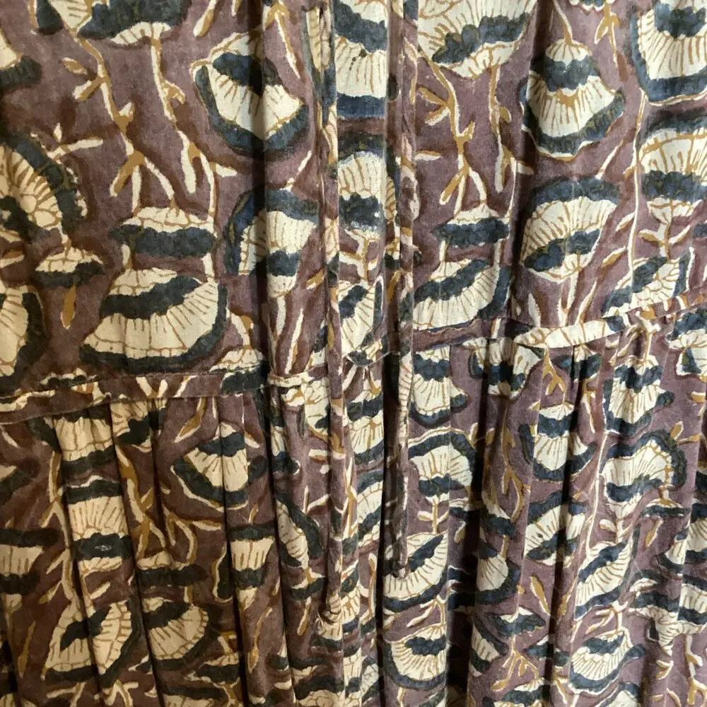 Maleu Washed Cotton Block Print Burgundy Floral Tiered Maxi Dress S - Picture 8 of 8